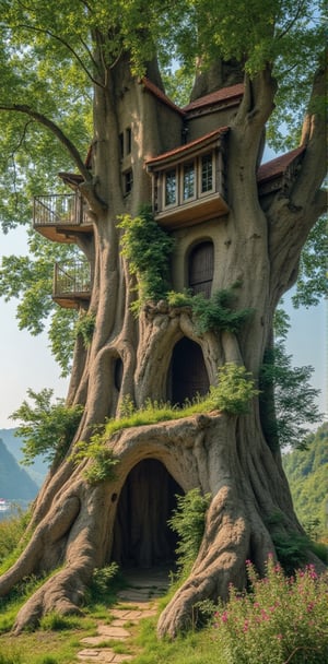 create an image of a big tall busy whimsical treehouse, there are windows and doors, a winding staircase windfs up the side of the tree, there are little flower gardens around and grass ,glitter