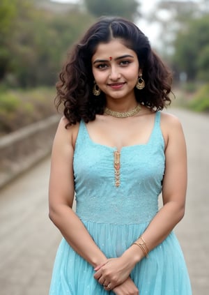 A beautiful , lovely, cute young,indian teenage girl,20 years old girl ,has the face of an Indian actress,Anupama Parameswaran, round face, curly blue hair, long hair, colour hair,
Her dress Indian traditional nighty wear ,  in road