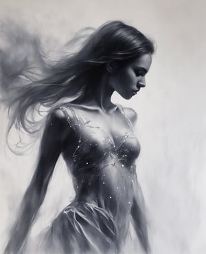 Half body, charcoal, A portrait of a beautiful young Thai woman painted with the delicate technique of Chinese alcohol ink. She is wearing a cool winter snow stars undershirt, with long flowing hair. This is a full-body close-up, emphasizing her beautiful figure and the white porcelain texture of her skin. top down perspective. surrounded by a mysterious smoke. The painting is dominated by vivid colors, realistic techniques, and cinematic lighting effects. The ink-play technique emphasizes the dynamism and tension of the painting, creating a lively yet mysterious and violent atmosphere., alcochse