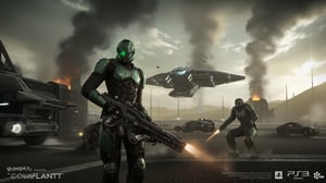 Futuristic thundra industrial site. Solo gallente haevy dropsuit standing on battlefield, Full body. Green heavy dropsuit holding heavy gun and pointing on flying gallente dropship. ,caldari industrial site. Dramatic sky. fumes and dust. Cinematic