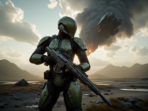 Solo gallente haevy dropsuit standing on battlefield, Full body. Green heavy dropsuit holding heavy gun and pointing on flying dropship. Dramatic sky. Cinematic.,amarr,caldari,minmatar,