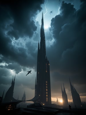 Futuristic. Gallente dropsuit jump from big tower, night, heavy clouds with lightings in background. . Cinematic.,amarr,caldari,minmatar,