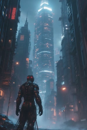 A photo of a towering, futuristic cityscape with skyscrapers densely packed together, emanating a radiant glow of red and blue lights. In the foreground, a humanoid figure stands, appearing muscular and metallic, with wires or cables connected to its body. The atmosphere is thick with a misty or smoky haze, adding to the dystopian or cyberpunk ambiance of the scene.