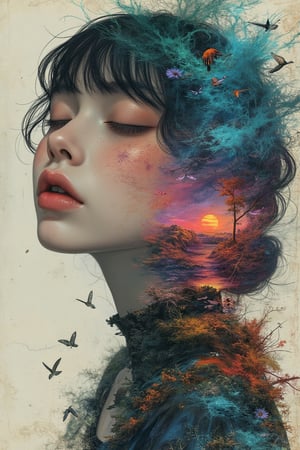 (best quality,8K,highres,masterpiece), ultra-detailed, double exposure imagery that merges the ethereal, surreal styles of Natalia Drepina and Brooke Shaden with a vibrant, colorful twist. Set against a backdrop of vintage cracked paper, this piece becomes a dynamic and unusual exploration of color and form. It combines hauntingly beautiful figures with surreal landscapes, all infused with vivid, luminous colors that breathe life into the composition. The artwork is designed to captivate and intrigue, drawing the viewer into a deeply emotional and abstract narrative, while the colorful palette adds a layer of vibrancy and depth to the surreal and timeless aesthetic, sading lineart, shading, lineart, 2.5D, illustration, portrait, closeup, Score_9, Score_8_up, Score_7_up, behance work, intricate, vibrant color, High quality, 8k hd, best quality, detailed skin texture, complicated, 8k ultra hd, high resolution, high definition, excellent quality, stunning image, volumetric lighting, detail quality Enhancer,