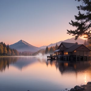 Create a tranquil scene set at the edge of a serene lake during the golden hour, just before sunset. The sky is painted in soft shades of pink, orange, and purple, reflecting beautifully on the calm water. In the foreground, there's a cozy wooden dock extending into the lake, with a couple of Adirondack chairs facing the water. Surrounding the lake are lush, green trees with a few leaves starting to turn autumnal shades. The air is still, and there's a slight mist rising from the water. A few distant mountains are visible in the background, adding to the sense of peace and isolation. The entire scene exudes a warm, calming atmosphere.