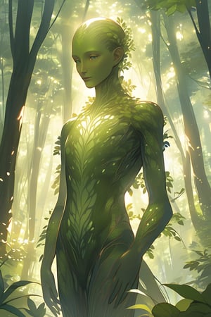 A serene forest glade with towering trees blending seamlessly into the skin of a humanoid figure, its bark-like texture glistening in the soft morning light. The subject's face is a subtle combination of human features and leafy patterns, with gentle eyes that seem to absorb the surrounding foliage. The atmosphere is mystical, as if the figure has become one with nature.