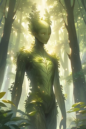 A serene forest glade with towering trees blending seamlessly into the skin of a humanoid figure, its bark-like texture glistening in the soft morning light. The subject's face is a subtle combination of human features and leafy patterns, with gentle eyes that seem to absorb the surrounding foliage. The atmosphere is mystical, as if the figure has become one with nature.