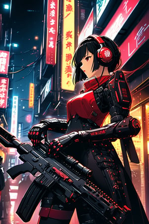 cyberpunk anime, stunning Japanese woman wearing red and black sci-fi power armour, headphones, dark eyeshadow, holding assault rifle on cyberpunk street at night, neon signs and advertising, bokeh, side lighting,ct-physmstyle