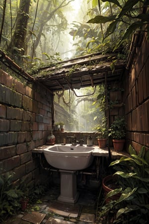 A rainforest, A small square,brick wall, middle of the forest, washing basin, attached to the wall.