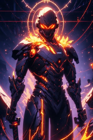 full black carbon armour, male,humanoid robot, character illustration, posing, warrior, holding katana, wearing full carbon armour, black, gear in thigh joints, sparks, glowing particles, glowing eyes, white eyes, glowing, mechanical glowing wings, black and golden wings, glowing,  mechanical wings, sci-fi, futuristic, minimalistic, white and red abstract background, perfect anatomy, perfect hands, 8k uhd, ultra realistic, hyper detailed, no mistakes, sci-fi robot, no human, red and white abstract background.