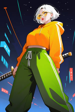 visualy complex illustration, source_anime, beautiful tall woman, year 3000, neon tokyo, short_hair, white hairs, orange round glasses, wearing street style clothes, yellow hoodie with black strips, green baggy pants with black strips, night time, dark environment, slight neon lights illuminating from both sides, white sneakers,standing while posing, serious face, dynamic girl, facing backwards, looking sideways, holding mechanical katana, dynamic pose, low angle view, perfect illustration, perfect hands, perfect anatomy, visually complex, 32k uhd, hyper detailed, minute details