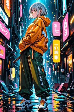 visualy complex illustration, source_anime, beautiful tall woman, year 3000, neon tokyo, short_hair, white hairs, orange round glasses, wearing street style clothes, yellow hoodie with black strips, green baggy pants with black strips, night time, dark environment, slight neon lights illuminating from both sides, white sneakers,standing while posing, serious face, dynamic girl, facing backwards, looking sideways, holding mechanical katana, dynamic pose, low angle view, perfect illustration, perfect hands, perfect anatomy, visually complex, 32k uhd, hyper detailed, minute details