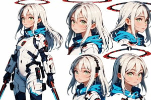 masterpiece, highly detailed, centered, Reference Material, character sheet, conceptart,multiple views,white background,simple background, multiple views of the same character, (full body), 1girl, white hair, long straight hair, angel halo, green eyes, holding a sci-fi sword, by Takeuchi Seihō, neo-figurative, techwear clothes, skin tight suit, strap belt, white hoodie, blue archine inspired, Expressiveh, Ultra HD, 4k image, (full body, from side, front),
charactersheet,kidz,pastelmix