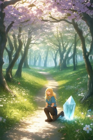 A whimsical forest glade bathed in soft, warm sunlight filters through the canopy above, casting dappled shadows on a winding path. A young adventurer, with flowing golden locks and a determined gaze, kneels beside a glowing crystal, surrounded by lush foliage and vibrant wildflowers. The air is filled with the sweet scent of blooming Sakura trees.