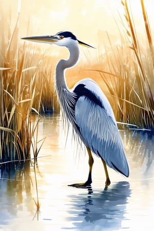 A serene watercolor painting depicts a delicate blue heron standing tall amidst a tapestry of wetland foliage. Soft brushstrokes and gentle hues evoke a sense of tranquility as the bird's feathers seem to glow in the warm, golden light of dawn. The surrounding reeds and rushes are depicted in soft focus, blurring into the misty atmosphere.