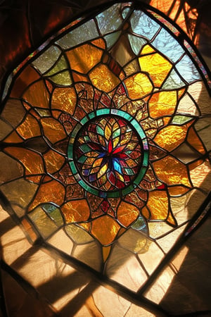 A close-up shot of a stunning stained glass window, with intricate patterns and vibrant colors dancing across the frame. The warm sunlight filters through the glass, casting a kaleidoscope of shadows on the surrounding stone floor. A soft focus highlights the delicate lead lines, while the subject's gentle pose amidst the radiant hues evokes a sense of serenity.