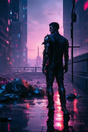 A close-up shot of a gritty, cyberpunk cityscape at dusk, with neon lights reflected off wet pavement. A lone figure, dressed in ripped leather and cybernetic enhancements, stands atop a trash-strewn rooftop, gazing out at the dystopian skyline. The boom mic captures the faint hum of hovercars and the distant pulse of a nightclub's thumping bass.