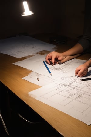 A blueprint sketch in a dimly lit drafting room, with worn wooden tables and metal chairs. A single overhead light casts a warm glow on the intricate details of the architectural plans, as the architect's pencils and pens lay scattered across the paper-covered desk. The subject, a bespectacled individual, leans forward, eyes focused intently on the blueprints, hands grasping the corners of the paper with a sense of purpose.