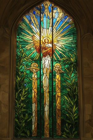 A majestic stained glass window with vibrant hues of emerald green, sapphire blue, and amber yellow radiates warmth in a sunlit nave. Delicate panes of colored glass depict angelic figures amidst lush foliage, their wings outstretched as if embracing the divine. The intricate design is set against a backdrop of richly textured stone walls, with rays of golden light filtering through to create an ethereal glow.