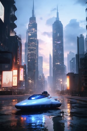 Render a futuristic cityscape at dusk, with sleek skyscrapers and neon-lit billboards reflecting off a wet pavement. Softly glowing streetlights cast an otherworldly ambiance, while a lone hovercraft zooms by, its searchlight illuminating the darkening sky. A towering robot stands sentinel in the foreground, its LED eyes pulsing with an eerie blue light.