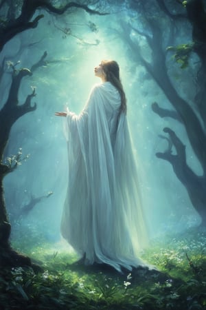 A mystical forest glows with an otherworldly light, as a wispy figure in flowing white robes whispers ancient incantations amidst swirling mist and gnarled tree branches. The air is heavy with the scent of enchanted blooms, as moonbeams dance across the forest floor.