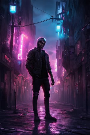 A neon-drenched cityscape at dusk. A gritty street urchin, CyberPunkBoom, stands defiantly in a dimly lit alleyway. Flickering fluorescent lights overhead cast an eerie glow on their masked face, while a fusion of mechanical limbs and organic flesh glistens in the shadows. Urban decay surrounds them, as if the city itself has been hacked.