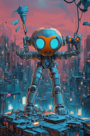 A futuristic cityscape at dusk, with neon lights reflecting off a metallic robot's body as it stands tall amidst a whirlwind of swirling circuit boards and wires. The robot's glowing blue eyes seem to pierce through the haze, its mechanical limbs outstretched in a dynamic pose, as if frozen in mid-action against the backdrop of a sprawling metropolis at twilight.