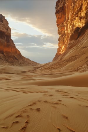 A majestic golden sand dune rises against a cerulean sky, its ridged peak stretching towards the horizon as the sun dips low, casting a warm orange glow. The desert landscape stretches out in every direction, a vast expanse of shifting sands and twisted rock formations.