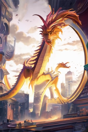 Whimsical 2D illustration art: A fantastical cityscape unfolds within a circular frame, with vibrant hues and textured brushstrokes. A majestic dragon takes center stage, its scales shimmering in the warm golden light of sunset, as it surveys the bustling streets below. The atmosphere is lively, with wispy clouds and delicate smoke swirling above.