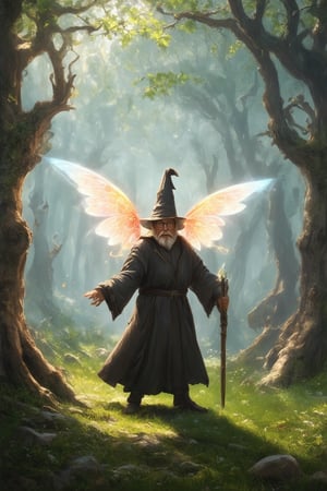 A whimsical fantasy scene unfolds: a misty forest glade bathed in soft, ethereal light, with wispy tendrils of fog swirling around ancient, gnarled tree trunks. A diminutive, bespectacled wizard stands amidst the foliage, staff in hand, as delicate, iridescent wings sprout from his shoulders, shimmering with a soft, luminescent glow.