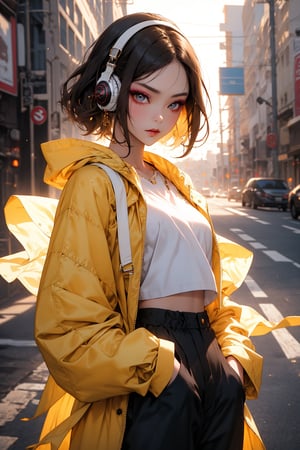 A stunning Korean K-pop beauty poses solo in the golden light of sunset. She wears white baggy pants from Basic Coats' QT93 collection and a loose-fitting jacket with layered mid-length cut, straight bangs framing her honey-brown hair. Her outfit is completed by a white cropped top with design and Japanese classic art-inspired headphones. Hands tucked into pockets, she exudes effortless cool. Faded film photography captures every detail of her stylish makeup and fashion hairstyle. The setting sun casts a warm glow on her dreamy expression, as if bathed in an angelic light.