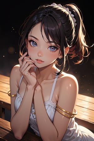 A masterpiece of surreal beauty, a young girl with an enchanting gaze and delicate features, posed in a close-up shot to emphasize the intricacy of her expressions. Her hands are clasped together in a 'V' shape, as if whispering secrets to herself, set against a soft, dreamlike background that blends seamlessly into her skin tone. The lighting is ethereal, casting a warm glow on her porcelain complexion and emphasizing the fine details of her facial structure.