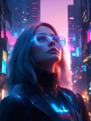 A cyberpunk heroine, donning clear neon glasses, stands amidst a futuristic cityscape at dusk. The golden ratio guides her pose as she gazes upwards, surrounded by a kaleidoscope of vibrant hues. In 32K UHD detail, intricate cityscapes unfold in the background, set aglow by light leaks and subsurface scattering. Rim lighting accentuates her features, while sharp focus ensures every strand of hair is meticulously rendered. Her eyes shine like polished gemstones, reflecting the beauty and wonder of this cyberpunk world.