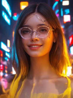 In a neon-drenched cyberpunk cityscape, a captivating girl with clear glasses and an intricate cybernetic design adorns her face. Framed against a decadent, high-contrast backdrop of swirling shapes and vibrant colors, she exudes warmth and charm. Her smooth, detailed features are set aglow by rim light, subsurface scattering, and light leaks, accentuating the golden ratio harmony of her features. The sharp focus and stunning UHD resolution reveal every nuance, from the sparkle in her eyes to the gentle curve of her smile, as if plucked from a digital painting masterpiece on ArtStation.