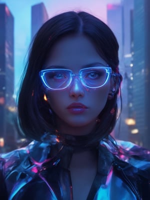 A cyberpunk beauty with clear neon glasses gazes directly into the frame, her piercing eyes radiating warmth. Set against a backdrop of cityscape skyscrapers, she exudes confidence, her intricate cybernetic details harmonizing with the golden ratio composition. UHD rendering captures every subtle feature, from the gentle curve of her cheekbones to the detailed folds in her clothing. Soft light leaks and rim lighting enhance the overall ambiance, as vibrant complementary colors dance across the scene. Sharp focus ensures every detail stands out, inviting viewers into this charming, heartwarming world.