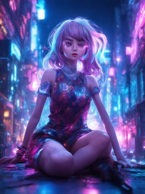 In a neon-lit cyberpunk cityscape, a captivating girl with clear neon glasses sits amidst a swirl of intricate, decadent details. Framed by the golden ratio, her smooth, sharply focused face radiates warmth and charm. Against a richly detailed, deep background, she dons a vibrant outfit with subtle texture and subtle shimmering effects. Ever After High's whimsical fantasy world converges with Octane Render's photorealism, reminiscent of Artgerm and Loish's masterpieces on Artstation. With subsurface scattering and rim lighting, her eyes sparkle like stars in the night sky, illuminated by soft, warm light leaks that dance across her face.