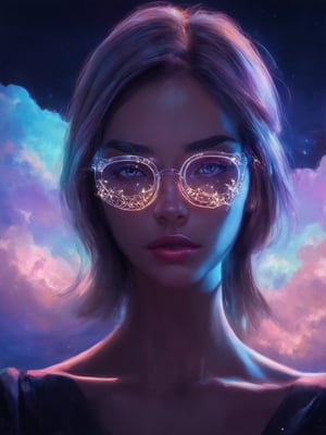 A cyberpunk beauty, surrounded by a mesmerizing neon glow, wears clear glasses with intricate filigree details. Her golden ratio-inspired facial features shine in sharp focus, set against a decadent backdrop of swirling, vibrant clouds. UHD mastery unfolds as the subject's eyes sparkle like stars, lit by rim light and subtle subsurface scattering. The atmosphere is warm and inviting, with soft light leaks adding a touch of heartwarming charm to this octane-rendered digital painting.