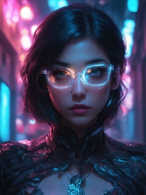 A cyberpunk beauty in a neon-lit alleyway, wearing clear glasses that glow with an otherworldly intensity. Her golden ratio-perfect features are captured in stunning 32K UHD detail, as if plucked from a fantasy realm. Intricate textures and decadent ornamentation adorn her outfit, set against a vibrant, high-contrast background with subtle light leaks and subsurface scattering. Rim lighting accentuates her striking features, while detailed eyes and face convey a sense of warmth and charm. The overall effect is a masterclass in UHD illustration, reminiscent of the works by Artgerm, Loish, and Wlop.