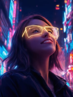 In a neon-lit cyberpunk cityscape, a captivating girl stands out against a richly detailed backdrop. She wears clear neon glasses that glow with an otherworldly intensity, framed by a dramatic pose as she gazes upwards. Her face is illuminated by rim light and subtle subsurface scattering, highlighting intricate facial features. The golden ratio guides the composition, balanced with deep background shadows and vibrant complementary colors. Sharp focus brings out every detail, from her charming smile to the delicate curves of her hair. In 32K UHD resolution, this digital painting masterpiece exudes warmth, upliftment, and a sense of ever-after magic.