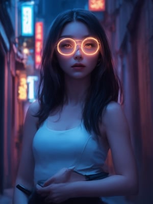 In a dimly lit alleyway, a cyberpunk girl stands out with her striking features. She wears clear neon glasses that glow softly in the shadows, casting a mesmerizing aura around her. The golden ratio is evident in the composition, as she poses with one hand resting on her hip and the other cradling a sleek device. 

The 32K UHD rendering brings forth intricate details on her face, with sharp focus emphasizing the subtle curves of her cheekbones and the defined shape of her eyebrows. Her eyes, a masterpiece of detailed work, shine like stars in the night sky.

Light leaks from the neon signs above cast a warm glow, while subsurface scattering adds depth to her skin. The rim light accentuates the contours of her face, creating an otherworldly beauty. A deep background filled with vibrant complementary colors and sharp focus complete this stunning digital painting, reminiscent of artgerm's and loish's styles.