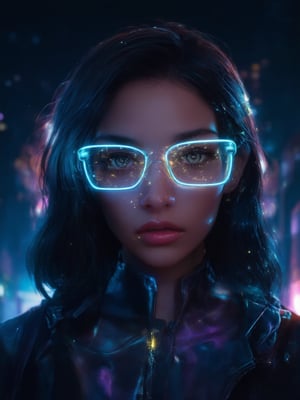 A cyberpunk beauty dons clear neon glasses, her gaze piercing through the dark cityscape. In a world of intricate, decadent details, she stands out with golden ratio proportions, her face a masterpiece of smooth, sharp focus. Softly lit by light leaks and subsurface scattering, her eyes sparkle like stars in the night sky. The background glows with vibrant complementary colors, while the rim light accentuates her features. In this UHD fantasy world, she radiates heartwarming charm, inviting the viewer to enter her ever-after high realm.