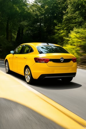 A vibrant yellow hue fills the frame as a bright sunny day unfolds. A sleek, modern car glides smoothly along a winding road amidst lush greenery, its yellow paint job glistening in the warm light. The composition is symmetrical, with the car centered and the surroundings radiating outward.