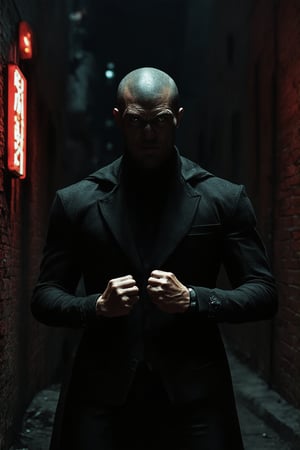 A dark hero emerges from the shadows, lit by a single spotlight casting an eerie glow on his chiseled features. He stands tall, hands clenched into fists, in a dimly lit alleyway, with crumbling brick walls and flickering neon signs reflecting off his dark suit. His eyes burn with intensity as he gazes out at the cityscape, a symbol of justice amidst the darkness.