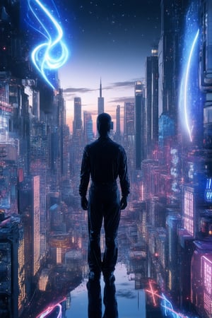 A futuristic cityscape at dusk, with neon lights reflecting off a holographic projection of swirling galaxies and stars. A lone figure, dressed in a sleek black jumpsuit, stands at the edge of the hologram, gazing out into the vastness of space, as if lost in thought.