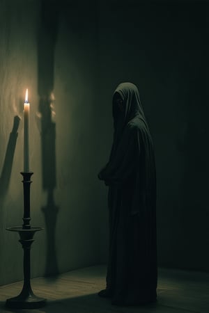 A dimly lit room with a single flickering candle casting eerie shadows on walls. A figure shrouded in darkness stands tall, eyes gleaming like stars in the void. The air is heavy with anticipation as the subject's features remain obscured, lost in thought amidst the logical darkness.