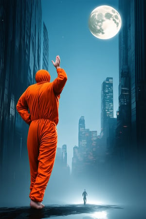 A cinematic dream sequence: A surreal cityscape at dusk, with wispy fog swirling around towering skyscrapers and a full moon hanging low in the sky. In the foreground, a lone figure in a bright orange jumpsuit floats effortlessly through the air, surrounded by a halo of soft light. The subject's face is serene, eyes closed in meditation.