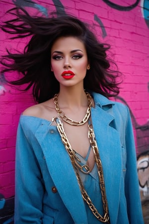 A nostalgic snapshot captures a ravishing beauty in her prime, surrounded by neon hues of pink and blue. She poses confidently in front of a graffiti-covered brick wall, her big hair blown back by an unseen wind. A chunky gold chain glimmers around her neck as she flaunts her bright red lips and bold, winged eyeliner. The soft focus and warm lighting evoke the era's iconic beauty standards.