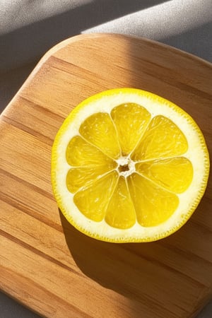 A close-up shot of a bright yellow lemon slice placed on a rustic wooden cutting board. The warm sunlight illuminates the fruit's vibrant color, casting a subtle glow around its curves. The background is blurred, with soft focus emphasizing the subject's texture and tone.