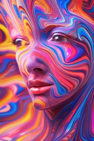 A close-up shot of a 3D rendered face with vibrant, swirling colors dancing across the skin. The bright hues of pink, blue, and yellow blend together in mesmerizing patterns, as if the face itself is alive and radiating energy. Soft lighting casts a gentle glow on the subject's features, highlighting their joyful expression.