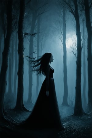 A dark and mysterious night, with only a sliver of moonlight illuminating a dense forest. A lone figure, dressed in a flowing black gown, stands at the edge of the trees, her long hair blowing gently in the wind. Her face is obscured by shadows, adding to an air of mystery and allure.